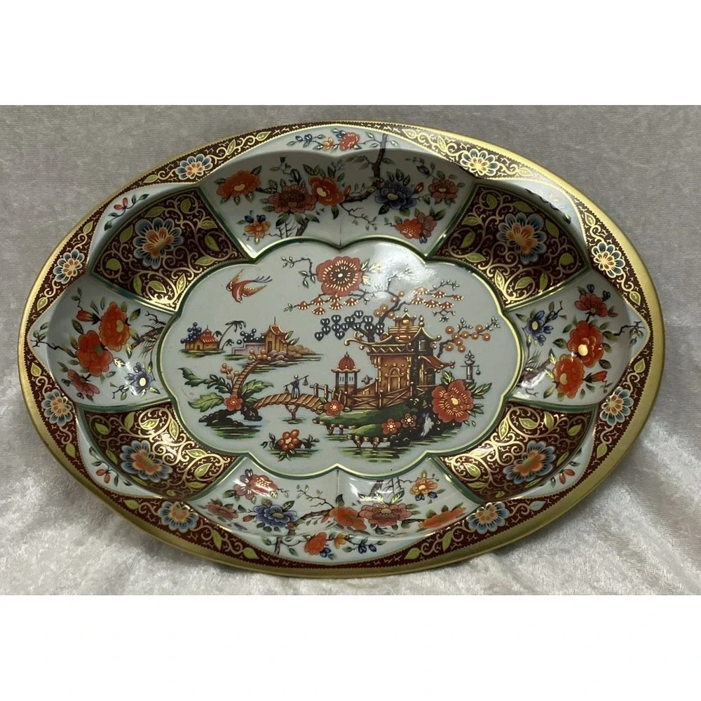 Daher Decorated Ware Tin Bowl Large Oval 13” Gold Floral Scenic 1971 England VTG